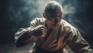 Wing Chun practitioner training with focused energy, symbolising mind-body connection