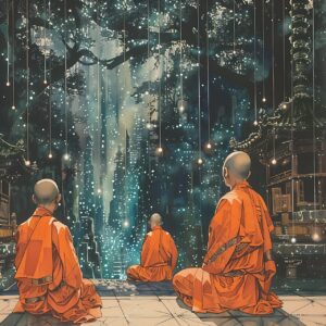 Three Martial Arts Students In Orange Robes Learning From A Calm Teacher — Wing Chun Instruction Setting