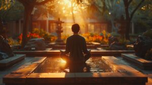 Wing Chun practitioner meditating in a peaceful garden, representing mindfulness and inner calm